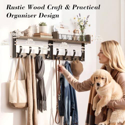 Delamu 32" Coat Rack with Shelf, 4 in 1 Coat Hanger Wall Mount with Shel...