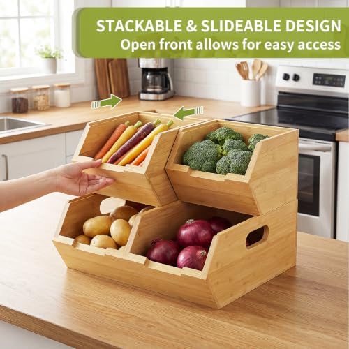 Bamboo Pantry Storage Bins Set, Potato and Onion Storage Bin for Countertop