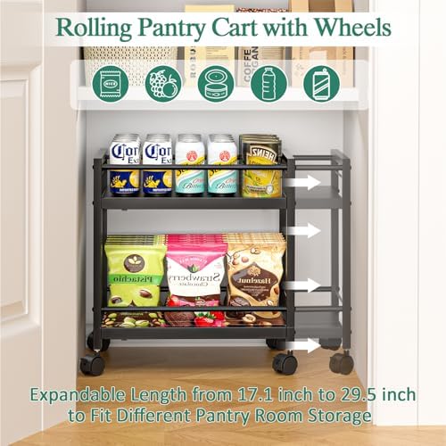2-Tier Expandable Rolling Pantry Cart with Wheels, Adjustable Floor Organizer...