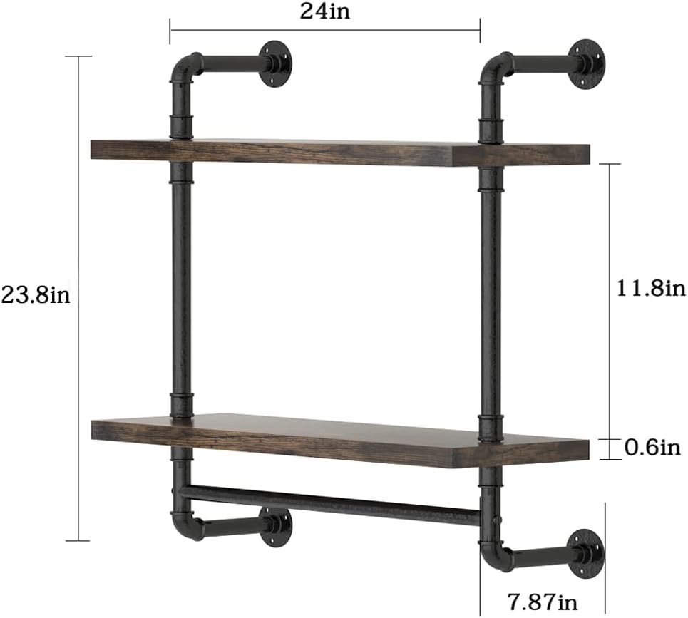 Helsin 24inch Industrial Pipe Shelving Bathroom Shelves Wall Mounted with Tow...