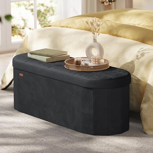 SONGMICS Folding Ottoman with Storage, Oval Bench, Velvet Fabric