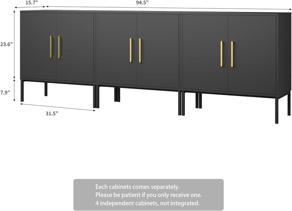 Set of 3 Storage Cabinets with Adjustable Shelf and Gold Handle, Black丨Buffet...