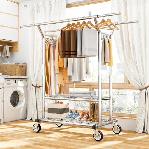 HYSEYY Heavy Duty Clothes Rack 620 LBS, Rolling Clothing Rack with Wheels