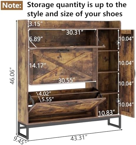 Free Standing Shoe Cabinet with 2 Flip Drawers and Adjustable Side Cabinet