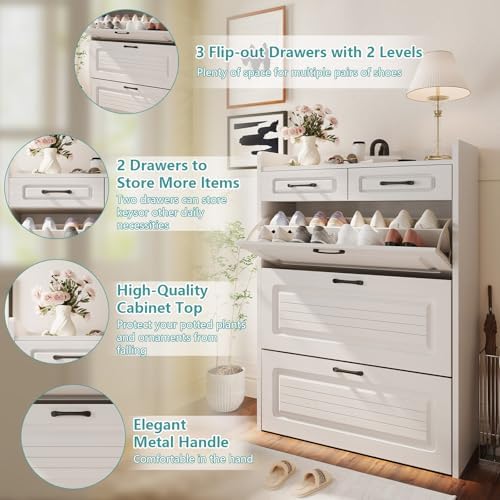 ODUWA Shoe Storage Cabinet with 3 Flip Drawers and 2 Storages Drawers, Easy t...