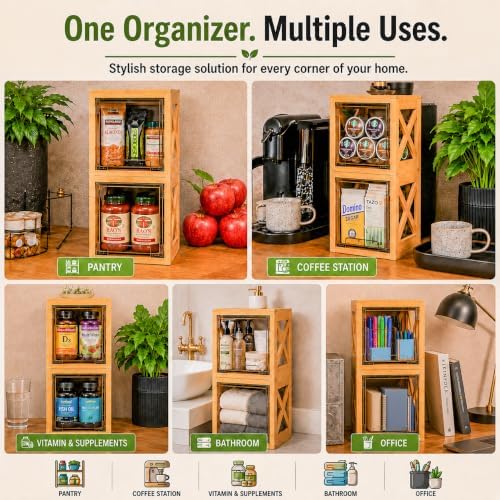 Bamboo Snack & Pantry Organizer, Stackable Pull-Out Drawers, 2 Pack