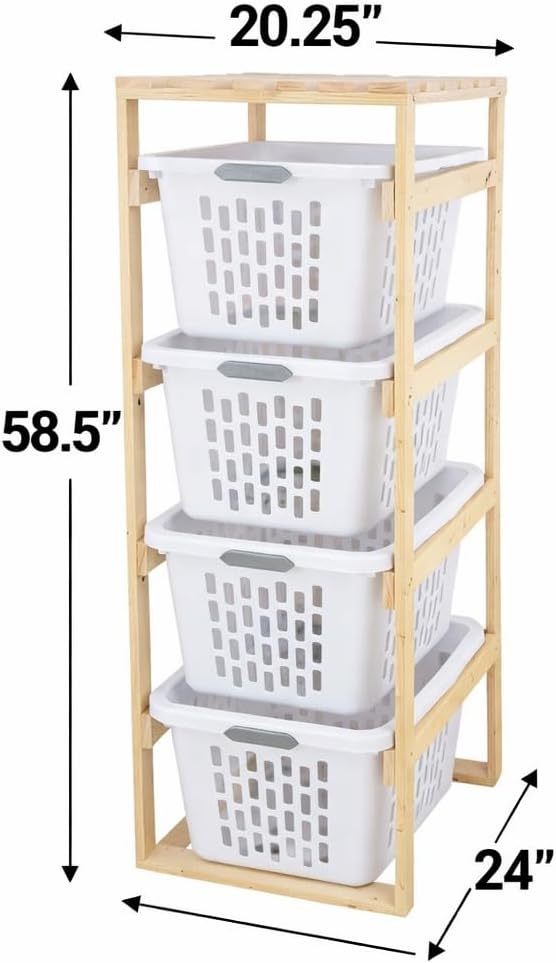 4 Tier Narrow Solid Wood Laundry Basket Storage Organizer