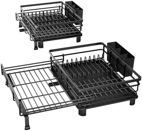 Expandable Dish Drying Rack for Kitchen Counter, Stainless Steel, Black