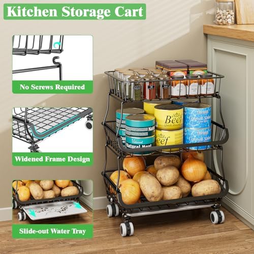 3 Tire Rolling Pantry Organizers and Storage Cart on Wheels