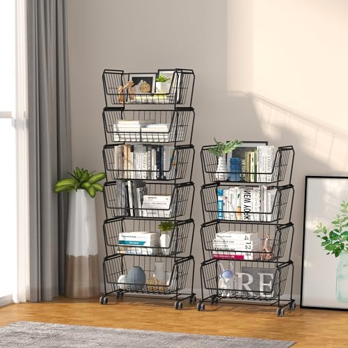 PUSDON 4-Tier Spacious Stackable Wire Storage Baskets with Wheels, Metal Roll...