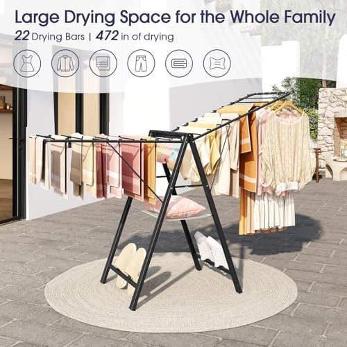APEXCHASER Clothes Drying Rack, 67.3" L Height Adjustable, Foldable, Black