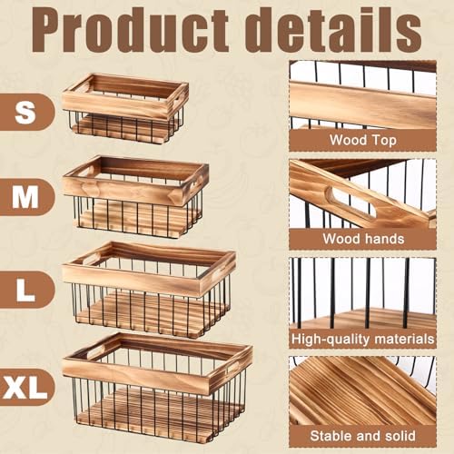 4 Pack Metal Wire Storage Basket, Multiple Sizes Basket with Handles Wooden T...