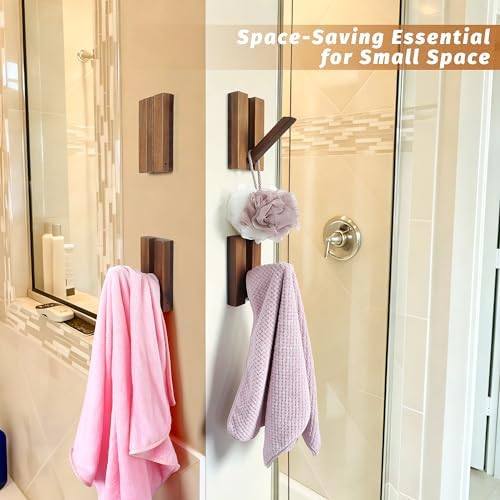 Wood Wall Hooks for Bathroom: 4Pack Foldable Rustic Decor Hangers