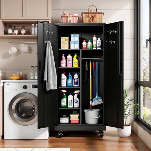 71" Tall Broom Closet Storage Cabinet with Lock,Heavy Duty Garage Storag...