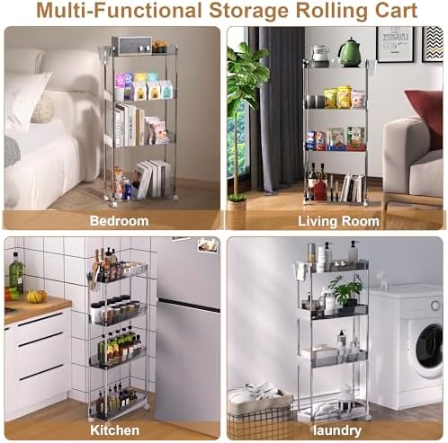 VECELO Acrylic 4-Tier Rolling Cart, Slim Utility Cart for Storage, Mobile Sto...