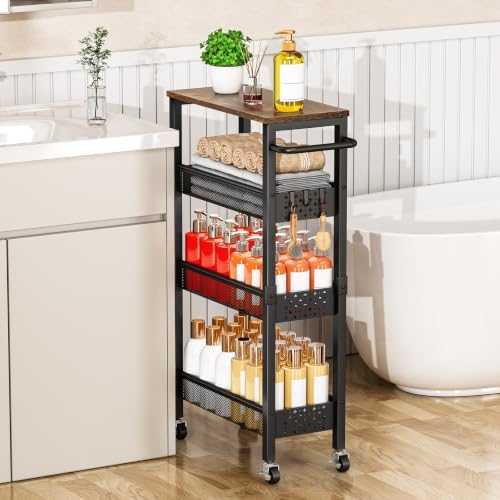 Vivihomety 4-Tier Slim Utility Rolling Laundry Cart with Wheels, Metal