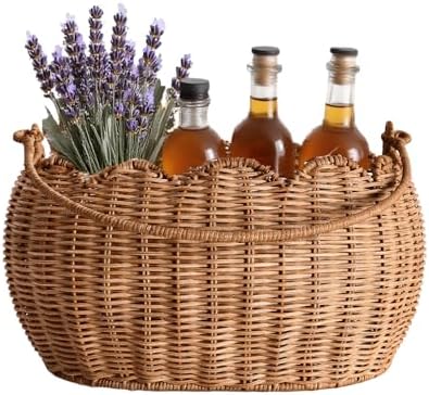 Scalloped Round Basket with Handle, Super Sturdy Wicker Storage Baskets, Hand...