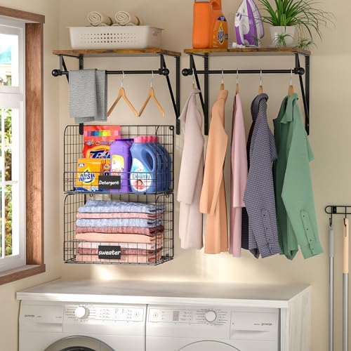 Laundry Room Shelves Wall Mounted with Wire Baskets, Over the Washer and Drye...
