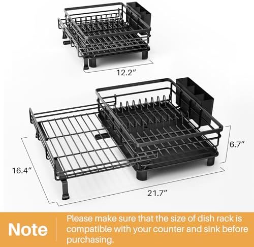 Expandable Dish Drying Rack for Kitchen Counter, Stainless Steel, Black