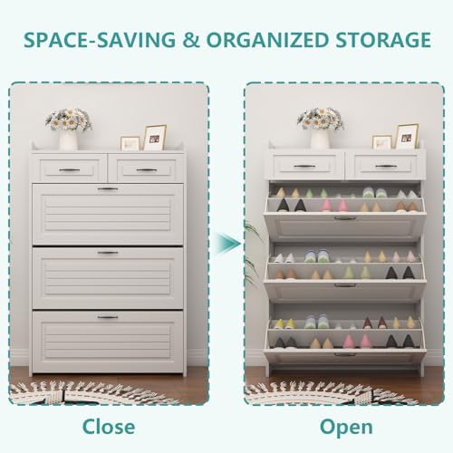 ODUWA Shoe Storage Cabinet with 3 Flip Drawers and 2 Storages Drawers, Easy t...