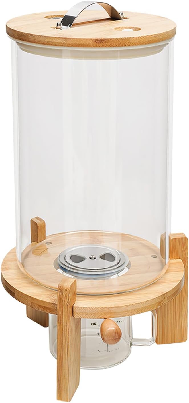 Glass Rice Dispenser,7.5L Countertop Flour Cereal Container w/ Bamboo Stand