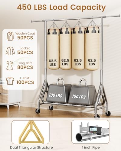Heavy Duty Clothes Rack for Hanging Clothes with Wheels, Silver