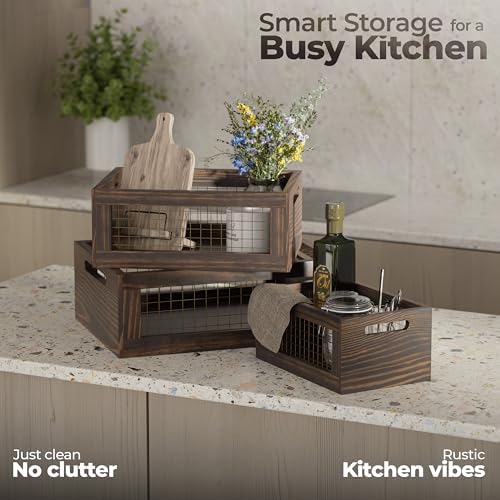 Set of 3 Extra Large Wooden Nesting Countertop Baskets, Rustic Wood Storage O...