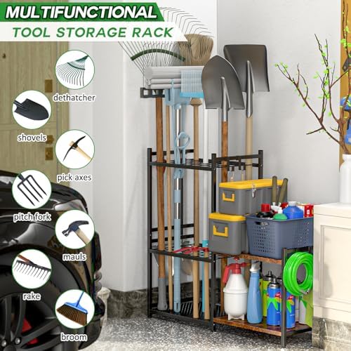 DAOUTIME Garage Tool Organizer with 2-tier Wooden Shelves, Yard Tool Organize...