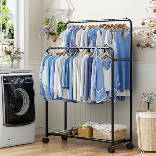 Simple Trending Clothing Clothes Rack, Double Rod Garment Rack, Black