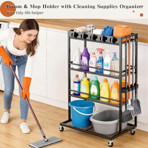 Broom Holder with Cleaning Supplies Organizer,Rolling Cleaning Cart