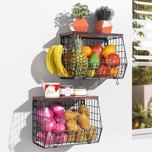 Wawocs Fruit Basket for Kitchen Counter 2 Tier Fruit Bowl, Stackable Wall Mou...