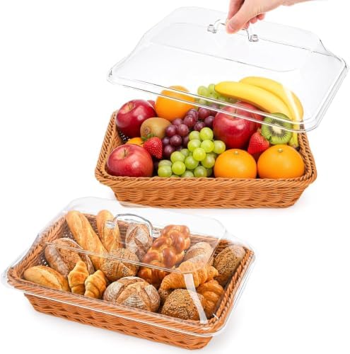 DEAYOU 2 Pack Imitation Rattan Bread Basket with Lid, Woven Tabletop Food Ser...