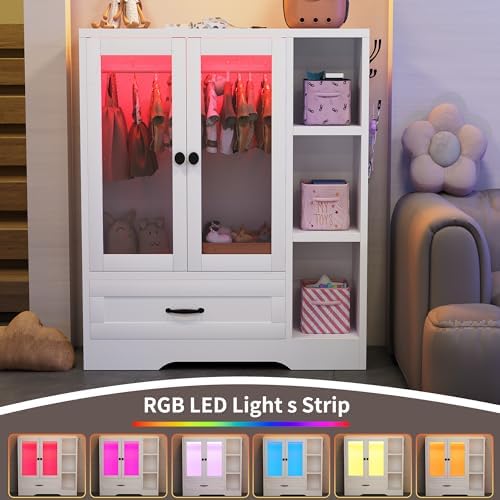 Pet Wardrobe Cabinet, Dog Clothes Closet with RGB LED, Acrylic Door & Dra...