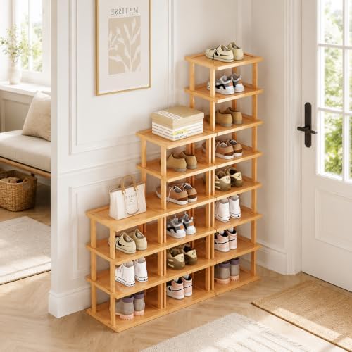 SAN HE Bamboo Shoe Rack 17 Tier- Vertical Shoe Rack for Small Spaces, Tall Na...