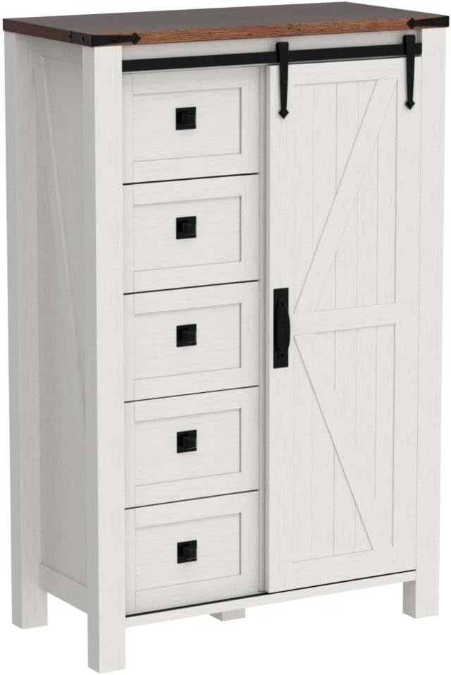 T4TREAM 5 Drawers Dresser with Sliding Barn Doors, Antique White