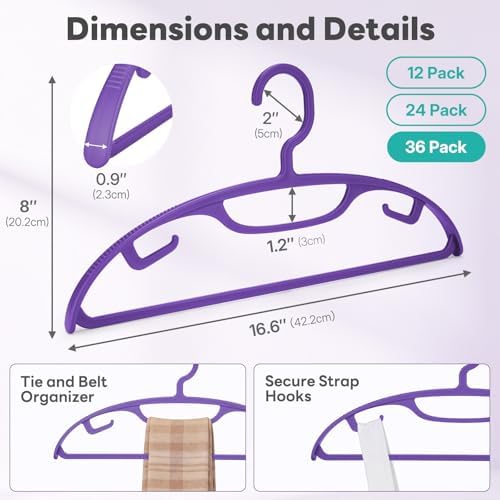 HOUSE DAY Wide Shoulder Plastic Hangers 36 Pack, Ergonomic Curved, Purple