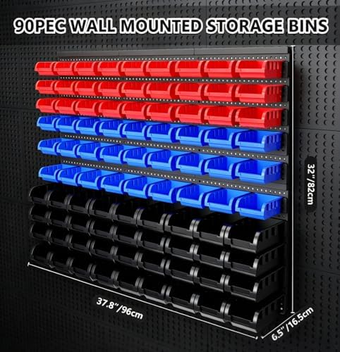 90Pcs Wall Mounted Storage Organizer Bins with Rack, Nuts, Bolts, and Hardwar...