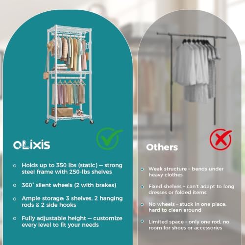 OLIXIS Clothes Rack Heavy Duty Adjustable Garment Clothing Rack with Wheels, ...