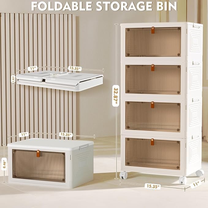 4-Tier Foldable Plastic Drawer Storage with Wheels,Stackable Storage Bins wit...