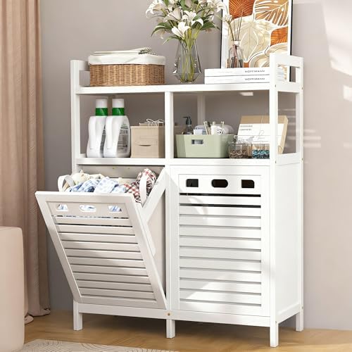VASMIA Tilt Out Laundry Hamper Cabinet, Bamboo Double Laundry Hamper with 2 R...