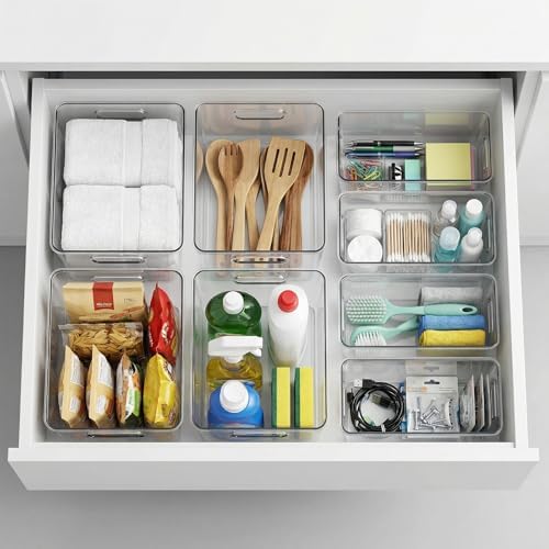 MOONEDGE 8 Pack Clear Plastic Storage Organizer Bins, 4 Large & 4 Narrow