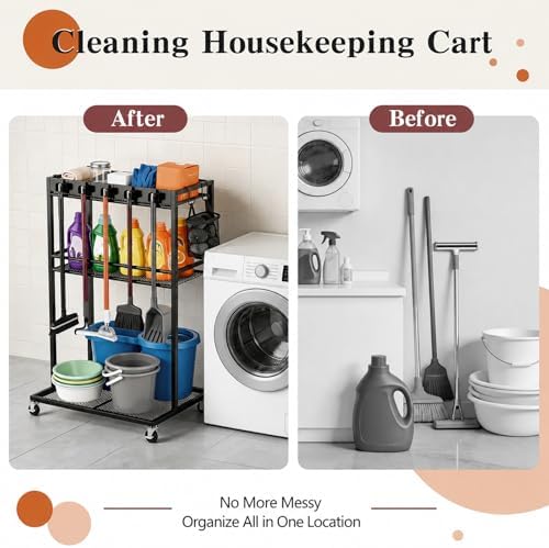 Broom Holder with Cleaning Supplies Organizer,Rolling Cleaning Cart