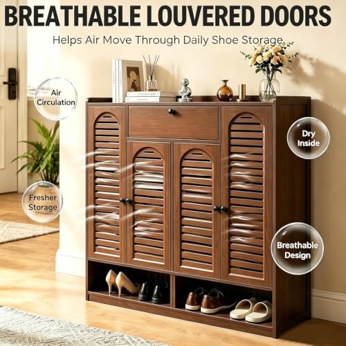 7-Tier Bamboo Shoe Cabinet,Shoe Storage Cabinet with Doors, 25-30 Pairs Frees...