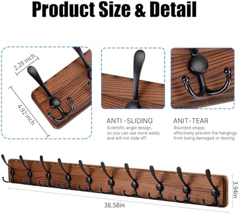 Gohiuo Rustic 38.6" Large Coat Rack Wall Mount, Long Wood Coat Hooks wit...