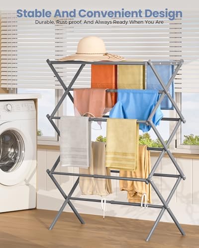 APEXCHASER Oversize 3-Tier Clothes Drying Rack, No Install, Grey