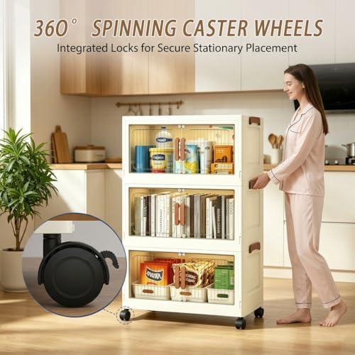 124QT Stackable Collapsible Storage Bins withLids and Front Doors, Rolling Li...