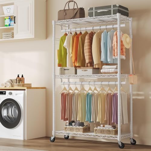 OLIXIS Rolling Clothes Rack, Heavy Duty Garment Rack, 47 IN, Metal White