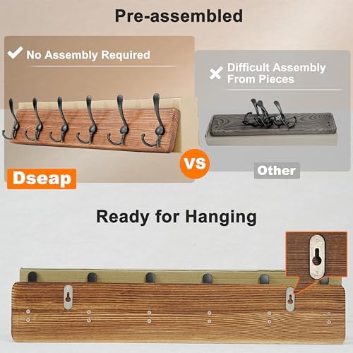 Dseap Coat Rack Wall Mounted - 24" Long 6 Tri Hooks, Heavy Duty Wooden W...