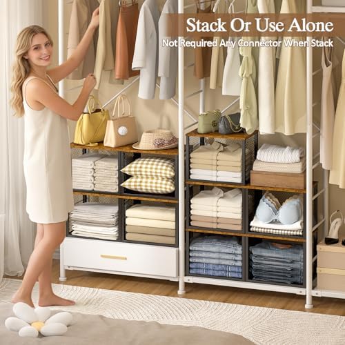 3 Pack Stackable Closet Organizers and Storage Basket, Closet Shelves with Wo...