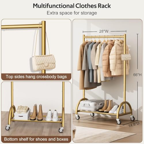 MISSLO Heavy Duty Clothing Rack with Wheels Rolling Clothes Racks for Hanging...